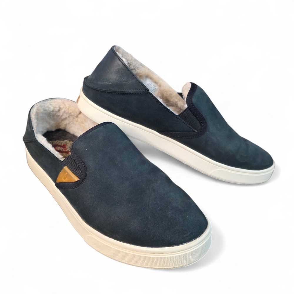 OluKai Pehuea Heu Leather Shearling Slip-On Sneakers Women’s 10 Navy